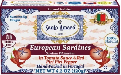 12 Pk Santo Amaro Piri Piri Spicy Wild Sardines in Tomato Sauce (120g/un) - Image 1 of 4