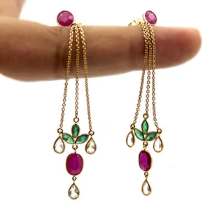 14k Solid Yellow Gold Dangling Fine Earrings Natural Ruby Emerald White Sapphire - Picture 1 of 9
