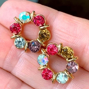 Bejeweled Stud Earrings, Sparkly Faux Topaz, Amethyst & Aurora Borealis Stones - Picture 1 of 9