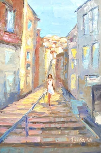 Girl Walk in City Oil Painting Female Impressionism Cityscape Collectible Art - Picture 1 of 6