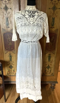 Vintage Edwardian High Collar Dress - with Hand Made Lace Detail - Small - Image 1 of 4