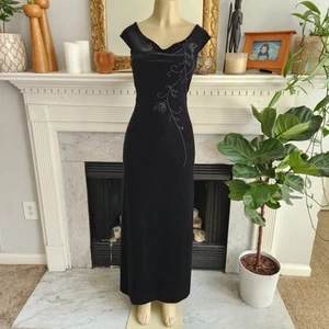 Vtg 90s Black Velvet Beaded Dress Maxi Floral Retro Hoco Goth Whimsigoth Size 8 - Picture 1 of 7