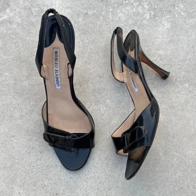Manolo Blahnik |Auth Vint Negro Charol Sujetador Slingback Stilet (37.5) Foto 1 de 4
