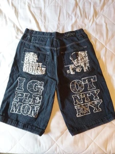 ACCESS Denim Jean Shorts PLIES "I GOT PLENTY MONEY" Dark Blue 36" Waist - Picture 1 of 16