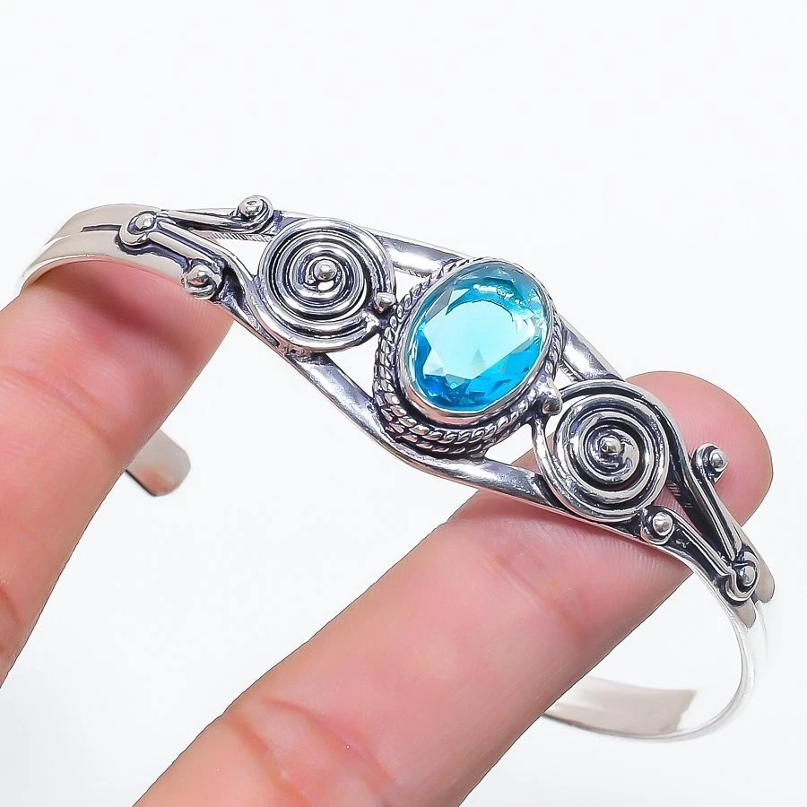 Swiss Blue Topaz Gemstone Handmade 925 Sterling Silver Adjustable Cuff Bracelet - Image 1 of 1