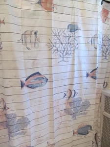 WATERFRONT FISH Tropical Shower Curtain Vacation Theme on Simulated Wood Design - Picture 1 of 9