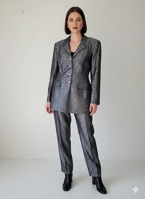 Vintage Alberto Makali Metallic  Silver Grey Pant Suit Animal Print Size 6 New - Image 1 of 4