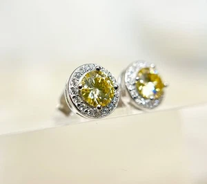 925 Sterling Silver Yellow Moissanite Stud Earrings 1 Ct Certificate & Gift Box - Picture 1 of 16