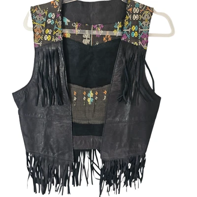 Leather Fringed Vest Ikat Ethnic Pattern Size Small Artisan Handmade Black Boho - Image 1 of 4