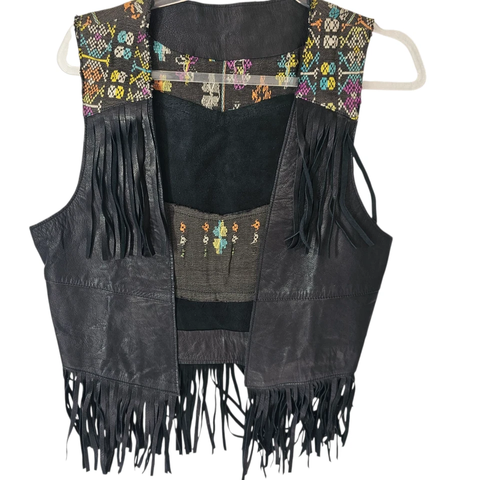 Leather Fringed Vest Ikat Ethnic Pattern Size Small Artisan Handmade Black Boho - Image 1 of 4