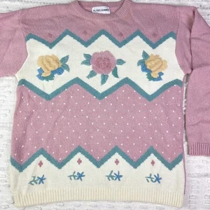 Vtg 90s Alfred Dunner Womens Sz M Floral Embroidered Rose  Sweater Pink Pullover - Picture 1 of 12