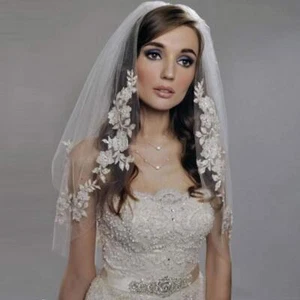 2 Tiers Wedding Veil Lace Edge Waist Length Short Bridal Veil with Comb - Picture 1 of 7