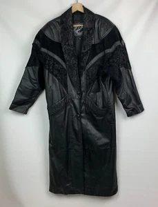 Winlit Vintage Coat Midi Black Leather Round Collar Print Snaps Lined Size M - Picture 1 of 15
