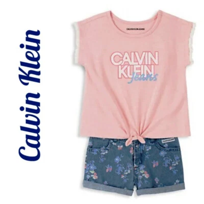 Calvin Klein Little Girl's 2-Piece Cotton Top Denim Floral Shorts Set Size 6 - Image 1 of 3