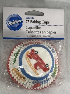 Wilton 75-Count Wheels Baking Cups Bus Firetruck Cars White Red Blue Green OPEN - Picture 1 of 8