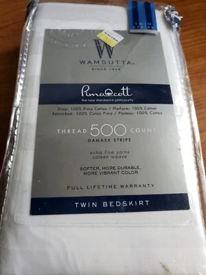 Wamsutta 500-Thread-Count PimaCott Damask Twin Bed Skirt in White Stripe, NEW - Image 1 of 3