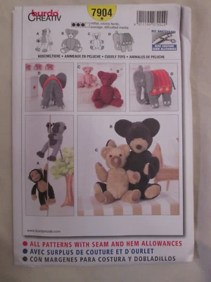 Burda 7904 Cuddly Toys Pattern Plush Elephant Monkey Bear Stuffed Animals UC FF - Image 1 of 2