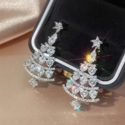 925 Silver Crystal Christmas Tree Stud Earrings Drop Dangle Women Party Jewelry - image 1 of 4