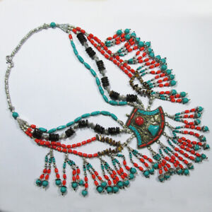 Tibetan Inspired Turquoise Coral Lapis Beads Long authentic jewelry Necklace