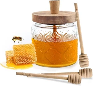 17oz Honey Jar with 3 Wooden Dippers,Glass Honey Pot Container Dispenser,Clear - Picture 1 of 1