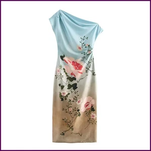 NUEVO CON ETIQUETAS_VESTIDO ZARA MUJER FW25 ASIMÉTRICO MIDI EFECTO SATINADO ESTAMPADO FLORAL - Imagen 1 de 24