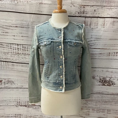 Generation Love Gal Crystal Blue Denim Rhinestone Frayed Edge Jacket Size XS New - Image 1 of 4