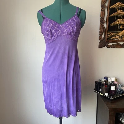 60s/70s Nylon Flower Embroidered Purple Slip Dress Vintage Loungewear S/M Retro - Image 1 of 4