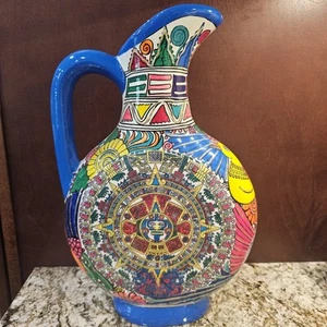 HECHOEN MEXICAN Pitcher Aztec Calendar POTTERY Bird Talavera Tonala Style Vase - Picture 1 of 20