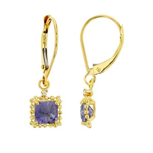 10K Yellow Gold Rd Cr White Sapphire & Sq Iolite Bead Frame Drop Lever-Back Earr - Picture 1 of 1