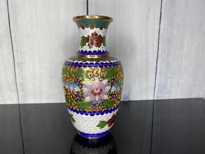 Vintage Metal Brass Chinese Cloisonne Floral 8" Vase Colorful Patterns - Picture 1 of 12