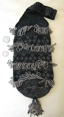 Antique Art Deco Handmade Black Crochet Silver Steel Bead Fringe Flapper Purse - Image 1 of 4