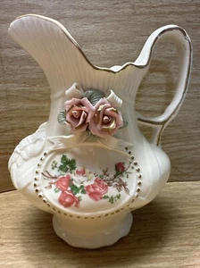 Vintage ceramic Victorian style floral pitcher Non Food Use Vase 3D pink roses. - Picture 1 of 12