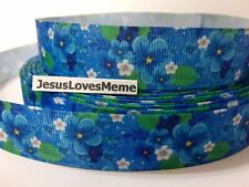 Grosgrain Ribbon Blue Flowers with Yellow Star Centers Green Leaves Floral 7/8"