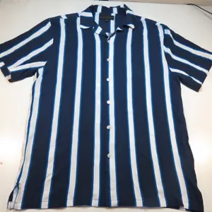 NO BOUNDRIES RAYON BUTTON DOWN STRIPED SHIRT Sz Mens M Blue White - Picture 1 of 2