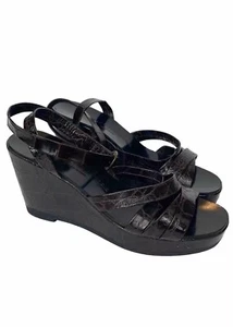 Robert Clergerie Croc Embossed Leather Wedge Platform Strappy Sandals, Size 9.5 - Picture 1 of 7
