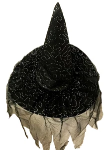 Black Witch Hat with Silver Sequin Netting and Veil Halloween - Picture 1 of 2