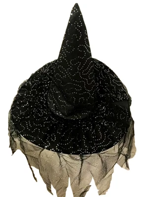 Black Witch Hat with Silver Sequin Netting and Veil Halloween - Image 1 of 2