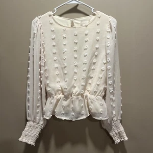 Altar'D State Women Chenille Polka Dot Peach Blouse S Puff Sleeve Coquette Twee - Picture 1 of 11