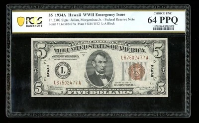 DBR 1934-A $5 FRN Hawaii Fr. 2302 PCGS-B 64 PPQ Serial L67502477A - Image 1 of 2