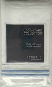 HUDSON PARK ITALIAN LINENS PERCALE EURO PILLOW SHAM WHITE W/ CHAMBRAY BLUE - Picture 1 of 1