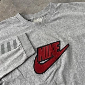 VTG Y2K Nike Center Swoosh Spellout Chenille Long Sleeve T-Shirt Mens L Gray/Red - Picture 1 of 9