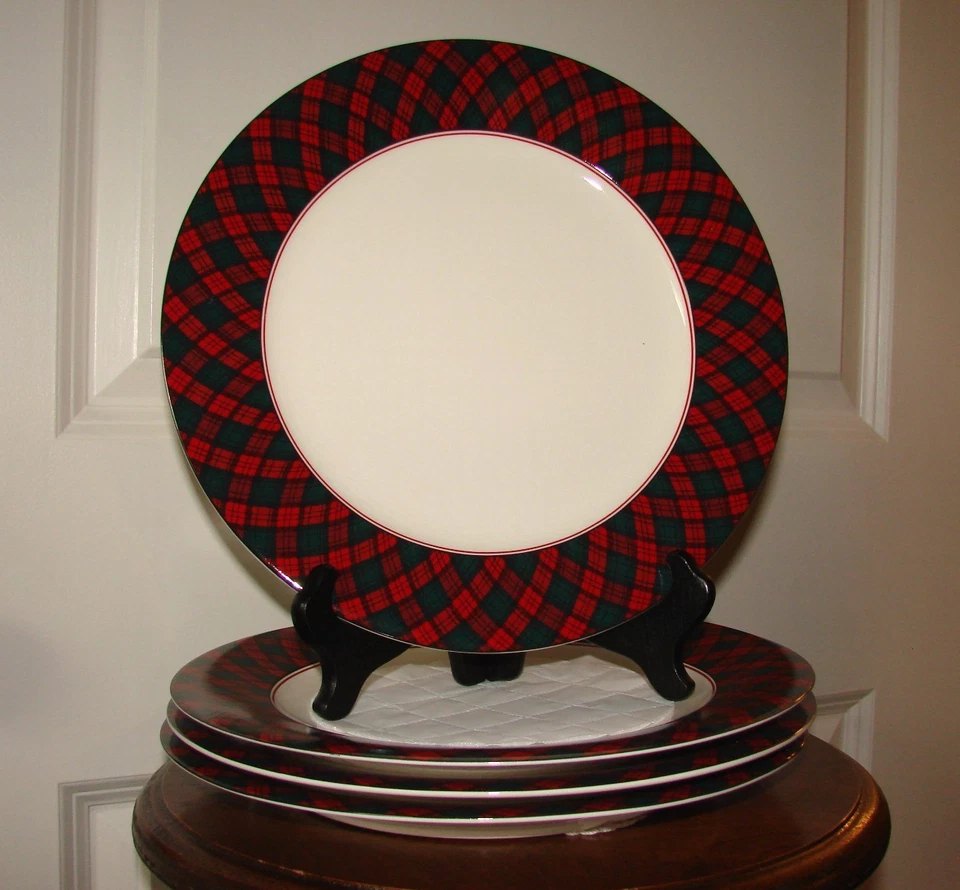 4 Platos de Cena Arita Rojo Verde Navidad Tartán Cuadros 10-1/2" Japón Foto 1 de 4