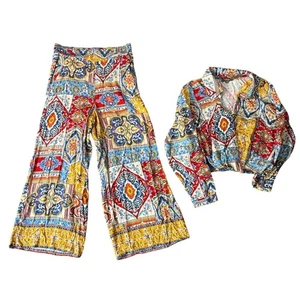 Haute Hippie Style Top & Pants Set Patchwork Print Colorful Medium - Picture 1 of 21