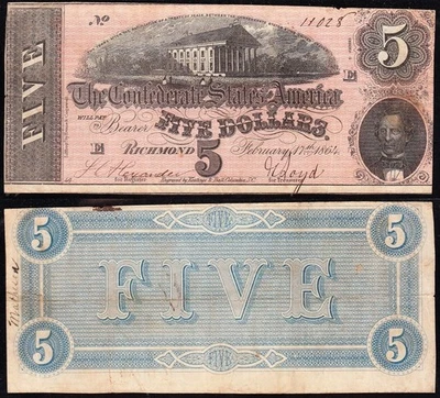 Attractive T-69 1864 $5 Confederate CSA Note! FREE SHIPPING! 11028 - Image 1 of 3