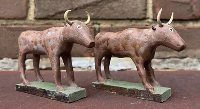Antique Folk Art Carvings Cow 1930s Pair Charming Original Paint Leather Ears - Image 1 of 4