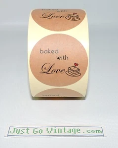 500 Pcs 2" Baked With Love Stickers Roll CAKE DESIGN Baking Kraft Paper USA Ship - Picture 1 of 3