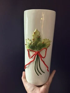 Vtg Capodimonte Italy Large White Christmas Vase With Holly And Red Bow Marked - Picture 1 of 6