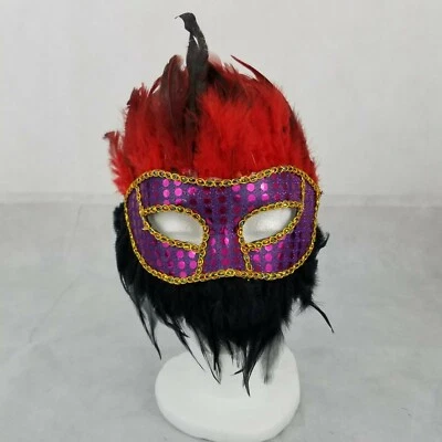 Costume Masquerade Ball Eye Mask Black Red Purple Gold Trim Halloween Feathered - Image 1 of 3