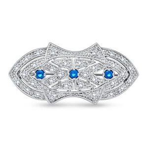 Art Deco Brooche Pin with Blue CZ Simulated Sapphire on Silver Plated Brass - Picture 1 of 3