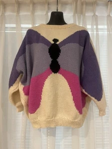 Vintage 80s Cream Pink Butterfly Print Knit Woollen Jumper - Picture 1 of 7